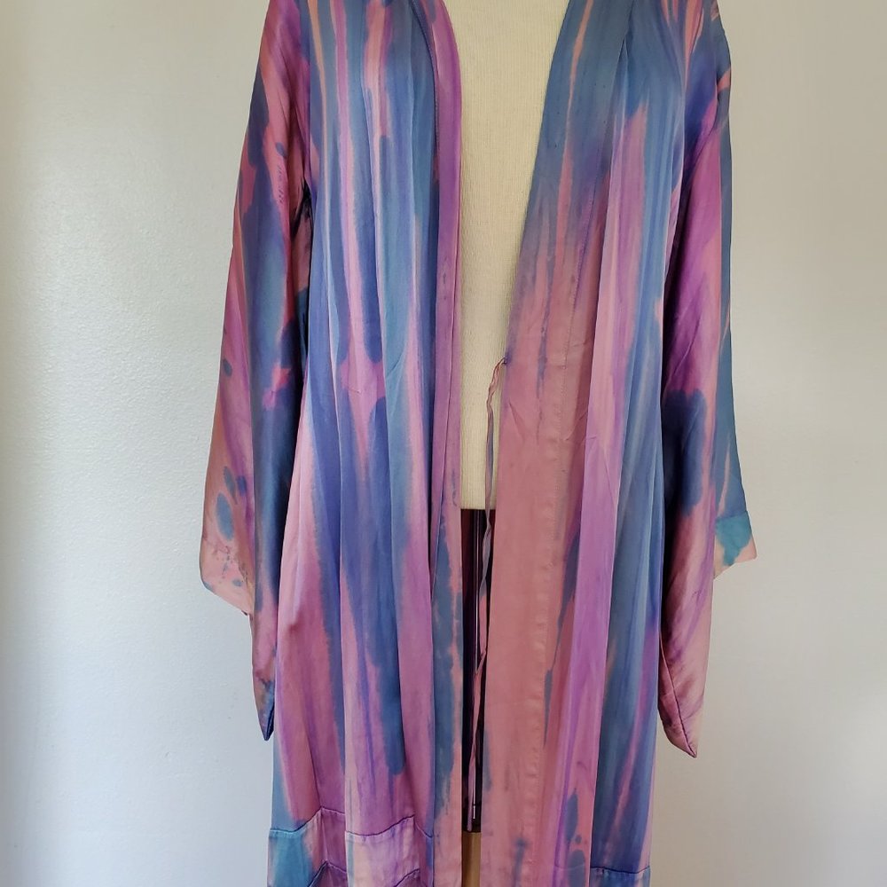 NEW Silk Wrap Dress Duster kimono robe painted Small medium large purple blue XL